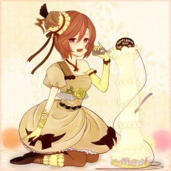 Rule 34 | 1girl, agi (kankarado), alternate costume, bare shoulders, boots, bow, bracelet, breasts, brown hair, cable, cake, cleavage, collar, dress, flower, food, fork, frills, happy birthday, hat, heart, jewelry, kneeling, leaf, leg warmers, leggings, meiko (vocaloid), microphone, mini hat, mini top hat, open mouth, pie, red eyes, ribbon, rose, short dress, short hair, solo, top hat, vocaloid, wire, yellow flower, yellow rose, yellow theme