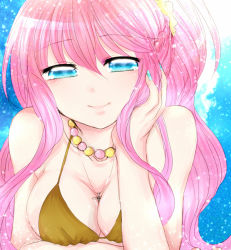 Rule 34 | 1girl, bad id, bad pixiv id, bare shoulders, bikini, bikini top only, blue eyes, breasts, cleavage, cross, jewelry, long hair, looking at viewer, necklace, one piece, pendant, pink hair, shiny skin, shirahoshi, smile, solo, sorakase sawa, swimsuit