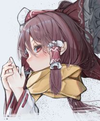Rule 34 | 1girl, absurdres, blush, bow, brown hair, detached sleeves, enpera, from side, hair between eyes, hair bow, hair tubes, hakurei reimu, hands up, highres, long hair, looking at viewer, looking to the side, red bow, red eyes, ribbon-trimmed sleeves, ribbon trim, scarf, sidelocks, simple background, solo, touhou, tsune (tune), white background, white sleeves, wide sleeves, yellow scarf