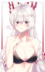 Rule 34 | 1girl, :d, bad id, bad twitter id, bikini, bow, breasts, cleavage, closed mouth, fujiwara no mokou, hair between eyes, hair bow, heart, highres, kitty, large breasts, long hair, looking at viewer, multiple bows, open mouth, pointing, pointing at self, raised eyebrow, red eyes, silver hair, simple background, smile, solo, swimsuit, tongue, tongue out, touhou, upper body, white background, white bow