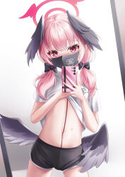 Rule 34 | 1girl, absurdres, black mask, black ribbon, black shorts, black wings, blue archive, blush, body markings, clothes lift, dolphin shorts, feathered wings, flat chest, hair ribbon, halo, head wings, highres, koharu (blue archive), looking at viewer, mask, mouth mask, navel, pink eyes, pink hair, ribbon, shira jun, shirt, shirt lift, shorts, solo, white shirt, wings