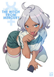 Rule 34 | 1girl, ahoge, alternate costume, cellphone, commentary request, copyright name, dark-skinned female, dark skin, green eyes, green shorts, grey hair, gundam, gundam suisei no majo, gym uniform, highres, holding, holding phone, kneeling, looking at viewer, mercury symbol, pairan, phone, secelia dote, short hair, short sleeves, shorts, solo, teeth, thighhighs, thighs, tongue, tongue out, upper teeth only, white thighhighs
