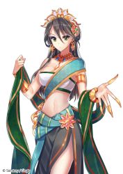 Rule 34 | 1girl, bare shoulders, breasts, brown hair, copyright name, crown, earrings, fingernails, green eyes, jewelry, long fingernails, looking at viewer, medium breasts, necklace, sid story, sila (carpen), solo