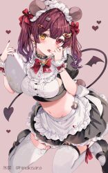 Rule 34 | apron, black footwear, black skirt, bow, bowtie, breasts, finger to tongue, garter straps, hair bow, hair ornament, heart, heart hair ornament, heterochromia, highres, hinakisara, hololive, houshou marine, large breasts, looking at viewer, maid, maid apron, maid headdress, mary janes, navel, open mouth, red bow, red bowtie, red eyes, red hair, red nails, scrunchie, shoes, simple background, skirt, solo, stomach, tail, thighhighs, tongue, tongue out, twitter username, virtual youtuber, white apron, white thighhighs, wings, wrist scrunchie, yellow eyes