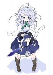Rule 34 | 1girl, ahoge, back bow, blue eyes, blue gloves, blush, boots, bow, braid, breasts, brown footwear, buttons, clock hands, collared shirt, commentary request, dress, fingerless gloves, full body, gloves, green ribbon, hair ribbon, highres, holding, holding knife, izayoi sakuya, knife, long sleeves, looking at viewer, maid, maid headdress, medium hair, mouth hold, pocket watch, ribbon, roman numeral, shirt, silver hair, simple background, single braid, solo, standing, tatutaniyuuto, touhou, tress ribbon, watch, white background, white bow, white shirt, wing collar, wrist cuffs