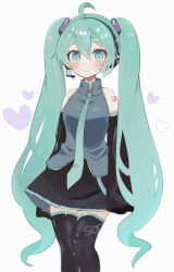 Rule 34 | 1girl, absurdres, ahoge, blue eyes, blue hair, blush, collared shirt, detached sleeves, hair ornament, hatsune miku, headphones, headset, heart, highres, long hair, long sleeves, looking at viewer, necktie, pleated skirt, shirt, skirt, sleeveless, sleeveless shirt, sleeves past fingers, sleeves past wrists, smile, solo, sorami, thighhighs, twintails, very long hair, vocaloid