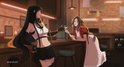 Rule 34 | 2girls, aerith gainsborough, bar (place), bar stool, bent over, black hair, bow, braid, braided ponytail, brown eyes, brown hair, crop top, cropped jacket, dress, final fantasy, final fantasy vii, final fantasy vii remake, fingerless gloves, gloves, green eyes, hair bow, highres, jacket, leaning on table, long hair, looking at another, low-tied long hair, multiple girls, pink dress, red jacket, smile, stool, suspenders, thighhighs, tifa lockhart, vanekairi