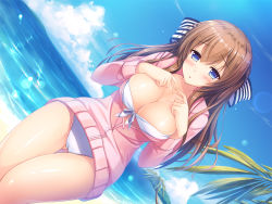 Rule 34 | 1girl, :o, bare legs, beach, bikini, blue eyes, blue sky, breasts, brown hair, cleavage, cloud, collarbone, day, dutch angle, embarrassed, feet out of frame, fingers together, forest, gluteal fold, hair ribbon, highres, index fingers together, jacket, jacket over swimsuit, large breasts, legs together, lens flare, long hair, looking at viewer, massan, mountain, nature, non-web source, ocean, original, outdoors, palm tree, parted lips, pink jacket, ribbon, sidelocks, sky, solo, standing, swimsuit, thighs, tree, unzipped, white bikini