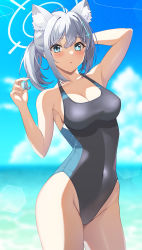 Rule 34 | 1girl, :o, animal ear fluff, animal ears, arm up, armpits, black one-piece swimsuit, blue archive, blue eyes, blush, breasts, cleavage, cross, fluffy, hair between eyes, halo, halterneck, highleg, highleg swimsuit, highres, inverted cross, medium breasts, mismatched pupils, navel, one-piece swimsuit, outdoors, rin ateria, shiroko (blue archive), skin tight, skindentation, solo, swimsuit, thighs, white hair