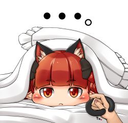 Rule 34 | 1girl, :&lt;, animal ears, blush, cat ears, cat tail, chibi, dress, ear wiggle, extra ears, fang, frilled pillow, frills, futon, heart, heart-shaped pupils, highres, kaenbyou rin, kitsunerider, looking at viewer, multiple tails, nekomata, pillow, pointy ears, pov, pov hands, red dress, red eyes, red hair, reverse tail grab, symbol-shaped pupils, tail, tail wrap, touhou, under covers, yukkuri shiteitte ne