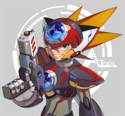 Rule 34 | android, axl (mega man), brown hair, capcom, green eyes, grey background, gun, helmet, holding, holding gun, holding weapon, male focus, md5 mismatch, mega man (series), mega man x (series), resolution mismatch, scar, skycompass, smile, solo, source larger, spiked hair, weapon