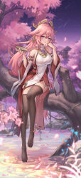 Rule 34 | 1girl, absurdres, animal ears, ankle bell, bare shoulders, bell, black thighhighs, breasts, cheek rest, cherry blossoms, closed mouth, cup, detached sleeves, earrings, falling petals, floppy ears, fox ears, full body, genshin impact, hair ornament, hand on own face, highres, holding, holding cup, in tree, japanese clothes, jewelry, jingle bell, large breasts, legs, long hair, looking at viewer, low-tied long hair, no shoes, nontraditional miko, outdoors, petals, pink hair, sakazuki, sitting, sitting in tree, skirt, sky, smile, solo, star (sky), starry sky, thighhighs, thighs, tree, water, wide sleeves, yae miko, yelan xing xuan