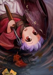Rule 34 | 1girl, :o, autumn leaves, chabi (amedama), cup, female focus, leaf, light purple hair, looking at viewer, parted lips, red eyes, reflection, ripples, sakazuki, short hair, solo, sukuna shinmyoumaru, touhou, upside-down, water, water surface