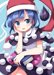 Rule 34 | 1girl, black capelet, blob, blue eyes, blue hair, blush, book, capelet, doremy sweet, dream soul, dress, hat, highres, holding, holding book, multicolored clothes, multicolored dress, nightcap, open mouth, pom pom (clothes), red hat, ruu (tksymkw), short hair, solo, tail, tapir tail, touhou