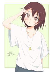 Rule 34 | 1girl, blush, border, brown eyes, brown hair, casual, closed mouth, collarbone, commentary request, funami yui, highres, jewelry, looking at viewer, necklace, pilolimaru, shirt, short hair, short sleeves, solo, upper body, white border, white shirt, yuru yuri
