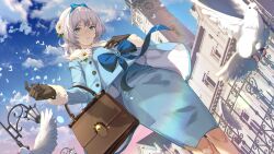 Rule 34 | 1girl, alternate costume, an-94 (girls&#039; frontline), bag, blue bow, blue dress, blue eyes, blue jacket, blue sky, bow, brown bag, brown gloves, building, clock, clock tower, cloud, cloudy sky, commentary, commission, dawn, dress, dutch angle, english commentary, flock, flower, girls&#039; frontline, gloves, hair bow, hair flower, hair ornament, handbag, highres, jacket, looking at viewer, niac, sky, solo, tower, dove, white hair