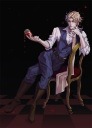 Rule 34 | 1boy, ambiguous red liquid, belt, black background, blonde hair, boots, brown footwear, chair, checkered floor, collarbone, cup, dio brando, drinking glass, ear piercing, fang, fingernails, holding, holdp a, jojo no kimyou na bouken, male focus, medium hair, parted lips, petals, piercing, red eyes, simple background, sitting, sleeves rolled up, slit pupils, smile, solo, teeth, vampire, wine glass