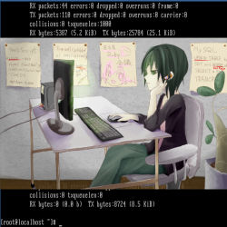 Rule 34 | androgynous, bad id, bad pixiv id, chair, computer, desk, gender request, green eyes, green hair, indoors, keyboard (computer), laki, linux, mouse (computer), office chair, swivel chair