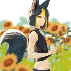 Rule 34 | 1boy, a hiro (nyanperona), animal ear fluff, animal ears, bare shoulders, bishounen, black hair, black shirt, blunt ends, closed mouth, clothes lift, commentary, dated, english commentary, field, flower, flower field, fox boy, fox ears, fox tail, genshin impact, gradient hair, green eyes, green hair, hair between eyes, looking at viewer, male focus, midriff peek, multicolored hair, shirt, shirt lift, short hair, solo, streaked hair, tail, tank top, tighnari (genshin impact), yellow flower