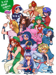 Rule 34 | 1boy, 6+girls, alice margatroid, animal, animal ears, animal on head, arm up, ascot, bad id, bad pixiv id, bare arms, bird, bird on head, bird wings, black gloves, blonde hair, blue dress, blue eyes, blue footwear, blue hair, blue headwear, blue shirt, blue skirt, blue vest, book, boots, braid, brooch, brown dress, brown hair, capelet, chain, chick, chinese clothes, claws, clenched hand, collarbone, commentary, cropped legs, cuffs, curly hair, dated, doremy sweet, dream soul, dress, fang, feathered wings, fighting stance, flat cap, gloves, green hair, grin, hairband, hand on own face, hat, head tilt, highres, holding, holding book, hong meiling, hood, hoop, horns, hoshiguma yuugi, imaizumi kagerou, jewelry, kamishirasawa keine, kariyushi shirt, kawashiro nitori, key, komano aunn, kumoi ichirin, layered dress, lolita hairband, long hair, looking at viewer, miyako yoshika, multicolored hair, multiple girls, nail polish, nightcap, niwatari kutaka, ofuda, on head, one eye closed, open mouth, outstretched arms, pants, parted lips, paw pose, pink ascot, pointing, pointy ears, pom pom (clothes), puffy short sleeves, puffy sleeves, red ascot, red eyes, red hair, red nails, red shirt, rubber boots, sash, shackles, sharp teeth, shirt, short hair, short sleeves, sibata maru, single horn, skirt, smile, teeth, touhou, twin braids, two-tone hair, two side up, unzan, upper teeth only, very long hair, vest, weapon, white background, white pants, white shirt, wings, wolf ears, zombie pose