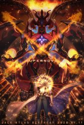 Rule 34 | 1boy, blonde hair, character name, coat, dragon, fire, gloves, grey pants, hair between eyes, hand over heart, highres, jack atlas, looking at viewer, male focus, pants, red dragon archfiend, red supernova dragon, spiked hair, standing, torinomaruyaki, white gloves, yu-gi-oh!, yu-gi-oh! 5d&#039;s