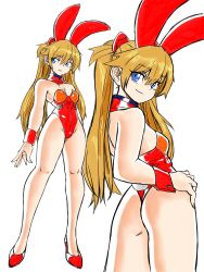 Rule 34 | 1girl, adapted costume, animal ears, ass, bare arms, bare legs, blue eyes, breasts, brown hair, cleavage, collar, curvy, fake animal ears, fake tail, hair ornament, highres, leotard, long hair, looking at viewer, looking back, multiple views, neon genesis evangelion, playboy bunny, rabbit ears, rabbit tail, red leotard, revealing clothes, smile, souryuu asuka langley, tail, toshinoshin, twintails, very long hair, wide hips