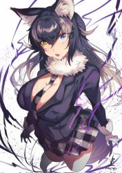 Rule 34 | 1girl, animal ear fluff, animal ears, arms at sides, black hair, blue eyes, breasts, cleavage, cropped legs, energy, fang, fur collar, gloves, grey hair, grey wolf (kemono friends), hair between eyes, heterochromia, highres, iparupua, jacket, kemono friends, large breasts, long hair, long sleeves, looking at viewer, miniskirt, multicolored hair, necktie, open mouth, plaid, plaid skirt, serious, skin fang, skirt, solo, tail, two-tone hair, wolf ears, wolf girl, wolf tail, yellow eyes
