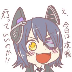 Rule 34 | 10s, 1girl, bad id, bad pixiv id, blue eyes, blush, eyepatch, fang, fangs, gyate gyate, kantai collection, open mouth, portrait, short hair, simple background, smile, solo, tenryuu (kancolle), tokiaki, translated, v-shaped eyebrows, white background, yellow eyes