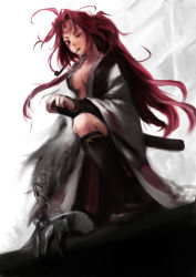 Rule 34 | 1girl, amputee, arc system works, armor, baiken, breasts, chain, claw (weapon), cleavage, facial mark, facial tattoo, female focus, forehead mark, goichi, greaves, guilty gear, japanese clothes, kataginu, katana, kimono, kiseru, large breasts, long hair, one-eyed, open clothes, open kimono, pink eyes, pink hair, smoking pipe, ponytail, scar, scar across eye, scar on face, sheath, sheathed, solo, sword, tattoo, very long hair, weapon
