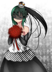 Rule 34 | 1girl, alternate costume, aoshima, bare shoulders, blue eyes, bouquet, collarbone, commentary request, cowboy shot, dress, elbow gloves, flower, gloves, gradient background, green skirt, half-closed eyes, hands up, highres, holding, holding bouquet, lips, long hair, looking to the side, shiki eiki, skirt, smile, solo, standing, strapless, strapless dress, touhou, veil