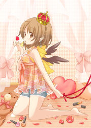 Rule 34 | 1girl, alternate costume, alternate eye color, alternate hair color, alternate headwear, barefoot, bird wings, bow, brown eyes, brown hair, cake, checkered background, chrysanthemum, contemporary, crown, curtains, cutoffs, denim, denim shorts, dress, earrings, eating, female focus, floral print, flower, food, fork, fruit, heart, highres, index finger raised, interior, jewelry, kneeling, knife, lips, lipstick, looking at viewer, makeup, messy, nail polish, parted lips, petals, pinky out, pointy ears, red flower, red rose, rose, rose petals, shameimaru aya, short hair, shorts, solo, strawberry, strawberry shortcake, string, string of fate, stuffed animal, stuffed toy, sundress, teddy bear, thread, touhou, whipped cream, wings, yakimochi
