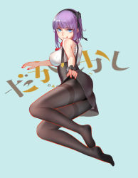 Rule 34 | 10s, 1girl, :q, absurdres, bad id, bad pixiv id, black pantyhose, blue background, blue eyes, breasts, clothes lift, copyright name, dagashi kashi, flower, full body, hair flower, hair ornament, hairband, high-waist skirt, highres, large breasts, legs, licking lips, long legs, looking at viewer, lying, nail polish, no shoes, on side, pantyhose, purple hair, red nails, revision, shidare hotaru, short hair, skirt, skirt lift, sleeveless, solo, thighband pantyhose, tongue, tongue out, underbust, zhano kun