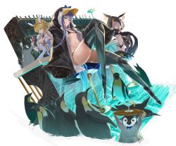 Rule 34 | 3girls, animal hood, armor, arms up, artoria pendragon (all), artoria pendragon (fate), artoria pendragon (swimsuit ruler) (fate), bar (place), bikini, bird, black bikini, black jacket, blonde hair, blue bow, blue eyes, blue neckwear, blush, bottle, bow, breasts, card, choker, cleavage, clothing cutout, cocktail glass, cup, detached collar, drinking glass, fate/grand order, fate (series), feather boa, greaves, green eyes, hair between eyes, highres, hood, hood up, jacket, katana, knee up, large breasts, leotard, licking lips, long hair, looking at viewer, meltryllis, meltryllis (fate), meltryllis (swimsuit lancer) (fate), meltryllis (swimsuit lancer) (first ascension) (fate), multiple girls, navel, navel cutout, necktie, okita j. souji (fate), okita j. souji (first ascension) (fate), okita souji (fate), okita souji (koha-ace), open clothes, open jacket, pantyhose, penguin, penguin hood, playing card, prosthesis, prosthetic leg, short hair, sidelocks, sitting, sleeves past fingers, sleeves past wrists, small breasts, smile, stool, swimsuit, sword, tiara, tongue, tongue out, tray, weapon, white leotard, yatsuka (846)