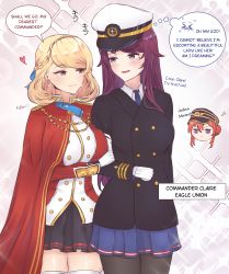Rule 34 | &gt;o&lt;, 3girls, azur lane, blonde hair, braid, character name, chibi, chibi inset, crown braid, earrings, english text, female commander (azur lane), gloves, hat, heart, highres, holding another&#039;s arm, jewelry, long hair, looking at another, military, military uniform, monarch (azur lane), multiple girls, naval uniform, prince of wales (azur lane), pumpkinpaii, sparkle, speech bubble, thought bubble, uniform, yuri