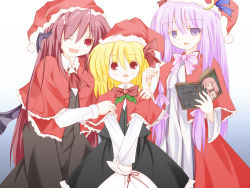 Rule 34 | 3girls, :o, ;d, alternate costume, alternate headwear, ascot, atapon, bat wings, blonde hair, blush, book, bow, cameo, christmas, commentary request, cowboy shot, crescent, crescent pin, dress, expressionless, hair bow, hand on another&#039;s shoulder, hat, head wings, holding, holding book, koakuma, long hair, long sleeves, looking at another, looking at viewer, low wings, mistletoe, multiple girls, one eye closed, open book, open mouth, patchouli knowledge, purple eyes, purple hair, red eyes, red hair, rumia, sack, santa costume, santa hat, short hair, simple background, skirt, skirt set, smile, striped clothes, striped dress, touhou, translation request, v arms, vertical stripes, very long hair, vest, white background, wings