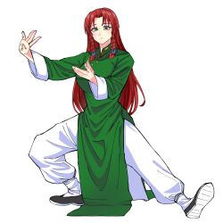 1girl absurdres artist_request china_dress chinese_clothes dress fighting_stance green_dress green_eyes highres hong_meiling kung_fu martial_arts mayu-tan_no_kung_fu_(meme) meme monk non-web_source panties red_hair shaolin_monk tai_chi touhou training underwear white_panties