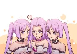 Rule 34 | 3girls, ?, armband, choker, collar, collarbone, euryale (fate), fate/grand order, fate/stay night, fate (series), lace, lace choker, long hair, looking at viewer, medusa (fate), medusa (rider) (fate), multiple girls, pink collar, pointing, pointing at self, ponytail, purple eyes, purple hair, siblings, sisters, smile, spoken question mark, stheno (fate), twintails, wonderfulwaterr
