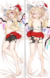 Rule 34 | 1girl, alternate costume, bad id, bad pixiv id, bare legs, bare shoulders, barefoot, bed sheet, bespectacled, bike shorts, blonde hair, blush, bra, bra lift, cameltoe, casual, clothes lift, contemporary, dakimakura (medium), female focus, flandre scarlet, flat chest, full body, glasses, hat, lingerie, lying, multiple views, nail polish, navel, nipples, ogami kazuki, on back, open clothes, open mouth, open shirt, pussy, pussy juice, red eyes, shirt, shirt lift, shorts, shorts under skirt, side ponytail, skin tight, skirt, skirt lift, sports bra, sports bra lift, torn clothes, touhou, uncensored, underwear, wince, wings