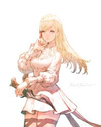 Rule 34 | 1girl, blonde hair, blue eyes, breasts, chromatic aberration, closed mouth, copyright name, cowboy shot, dagger, dress, final fantasy, final fantasy xiv, hand up, highres, holding, holding dagger, holding knife, holding weapon, knife, kuroimori, legs together, long hair, long sleeves, looking at viewer, medium breasts, minfilia warde, no pupils, puffy long sleeves, puffy sleeves, ryne waters, short dress, simple background, solo, straight hair, weapon, white background, white dress