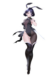 Rule 34 | 1girl, absurdres, an yasuri, animal ears, arms behind back, asymmetrical sleeves, banned artist, bare shoulders, black hair, black legwear, black leotard, boots, bow, breasts, cleavage, detached sleeves, fake animal ears, full body, fur trim, grey eyes, high heels, highres, knee boots, large breasts, leotard, medium hair, one eye covered, original, pink bow, playboy bunny, rapier, simple background, solo, standing, sword, thighs, weapon, white background, wrist cuffs