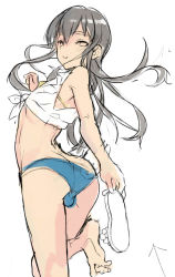 Rule 34 | 1boy, androgynous, ass, bad id, bad pixiv id, barefoot, bikini, bikini top only, black hair, blue bikini, blush, bulge, coin rand, covered erect nipples, crossdressing, from behind, long hair, looking back, male focus, midriff, original, sandals, unworn sandals, shirt, sketch, solo, swimsuit, tied shirt, trap, unfinished, white background