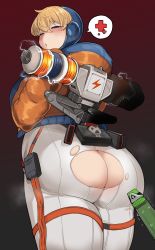 Rule 34 | 1girl, :o, animification, apex legends, ass, blonde hair, blue eyes, blue headwear, blush, bodysuit, butt crack, chamchami, commentary, electricity, english commentary, eyebrows hidden by hair, facial scar, from behind, half-closed eyes, highres, hood, hooded bodysuit, hooded jacket, huge ass, jacket, lichtenberg figure, lightning bolt symbol, looking at viewer, looking down, open mouth, orange jacket, scar, scar on cheek, scar on face, solo, syringe, torn bodysuit, torn clothes, wattson (apex legends), white bodysuit