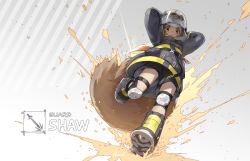 Rule 34 | 1girl, alternate universe, animal ears helmet, arknights, arms up, black shorts, boots, brown eyes, brown hair, character name, dutch angle, firefighter, firefighter jacket, from below, full body, grey background, helmet, jacket, knee pads, large tail, long sleeves, looking at viewer, observerz, open mouth, shaw (arknights), short hair, shorts, simple background, solo, squirrel tail, tail, visor, white background, white headwear