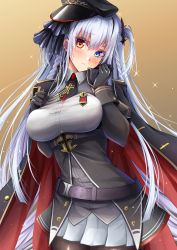 Rule 34 | 1girl, aiguillette, azur lane, belt, black belt, black coat, black gloves, black hat, black necktie, black pantyhose, black ribbon, blue eyes, blush, braid, breasts, brown background, closed mouth, coat, coat on shoulders, commentary, cowboy shot, cross, elbing (azur lane), eyebrows hidden by hair, framed breasts, frown, furrowed brow, gekato, gloves, gradient background, grey hair, grey shirt, hair between eyes, hair ribbon, hat, head tilt, heterochromia, highres, iron cross, large breasts, long hair, looking at viewer, military hat, miniskirt, necktie, pantyhose, peaked cap, pleated skirt, red eyes, ribbon, shirt, short necktie, side braids, simple background, skirt, solo, sparkle, standing, two side up, very long hair, white skirt, wing collar
