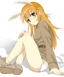 Rule 34 | 1girl, aki (d071026m), animal ears, bad id, bad pixiv id, blue eyes, blush, charlotte e. yeager, long hair, long sleeves, looking at viewer, military, military uniform, orange hair, profile, rabbit ears, rabbit girl, rabbit tail, sitting, smile, solo, strike witches, tail, uniform, world witches series
