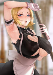 Rule 34 | 1girl, absurdres, apron, arm up, armband, armpits, bare shoulders, black dress, blonde hair, blue eyes, blurry, blurry background, blush, bow, breasts, broom, cleavage, cleavage cutout, clothing cutout, collar, collared dress, covered erect nipples, cowboy shot, d:, dress, forehead, frilled armband, frilled dress, frilled gloves, frills, gloves, heart cutout, heavy breathing, highres, holding, holding broom, indoors, large breasts, looking to the side, maid, medium hair, mute (mute89539160), open mouth, original, revealing clothes, sleeveless, sleeveless dress, solo, steaming body, suspenders, sweat, nervous sweating, underboob, underboob cutout, waist apron, waist bow, white bow, white gloves, wiping forehead