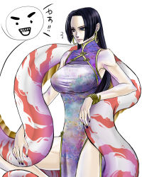 Rule 34 | 1girl, black hair, blue eyes, boa hancock, breasts, chinese clothes, dress, earrings, female focus, jewelry, long hair, noe (bkmnoo), one piece, quipao, salome (one piece), snake, solo, standing