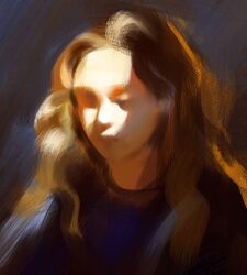 Rule 34 | 1girl, abstract, art study, blue shirt, brown hair, closed eyes, closed mouth, commentary, english commentary, faux traditional media, forehead, highres, light, lips, long hair, nose, original, portrait, realistic, shirt, sketch, solo, sunlight, upper body, wavy hair, yuming li