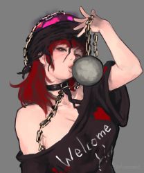 Rule 34 | 1girl, arm up, artist name, bare shoulders, black choker, black shirt, breasts, chain, choker, cleavage, clothes writing, commentary request, envenomist (gengoroumaru), grey background, heart, hecatia lapislazuli, lips, long hair, looking at viewer, medium breasts, moon (ornament), off-shoulder shirt, off shoulder, one-hour drawing challenge, parted lips, red eyes, red hair, shirt, short sleeves, simple background, solo, t-shirt, touhou, twitter username, upper body