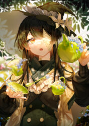 Rule 34 | 1girl, absurdres, bandage over one eye, bandages, black hair, blue flower, blurry, blurry background, chestnut mouth, cup, dappled sunlight, flower, hair between eyes, hat, hat flower, heart, heart print, highres, holding, holding saucer, holding teapot, leaf, long hair, looking at object, open mouth, original, outdoors, petals, sang sha, saucer, solo, spoon, sunlight, teapot, upper body, witch, witch hat, yellow eyes